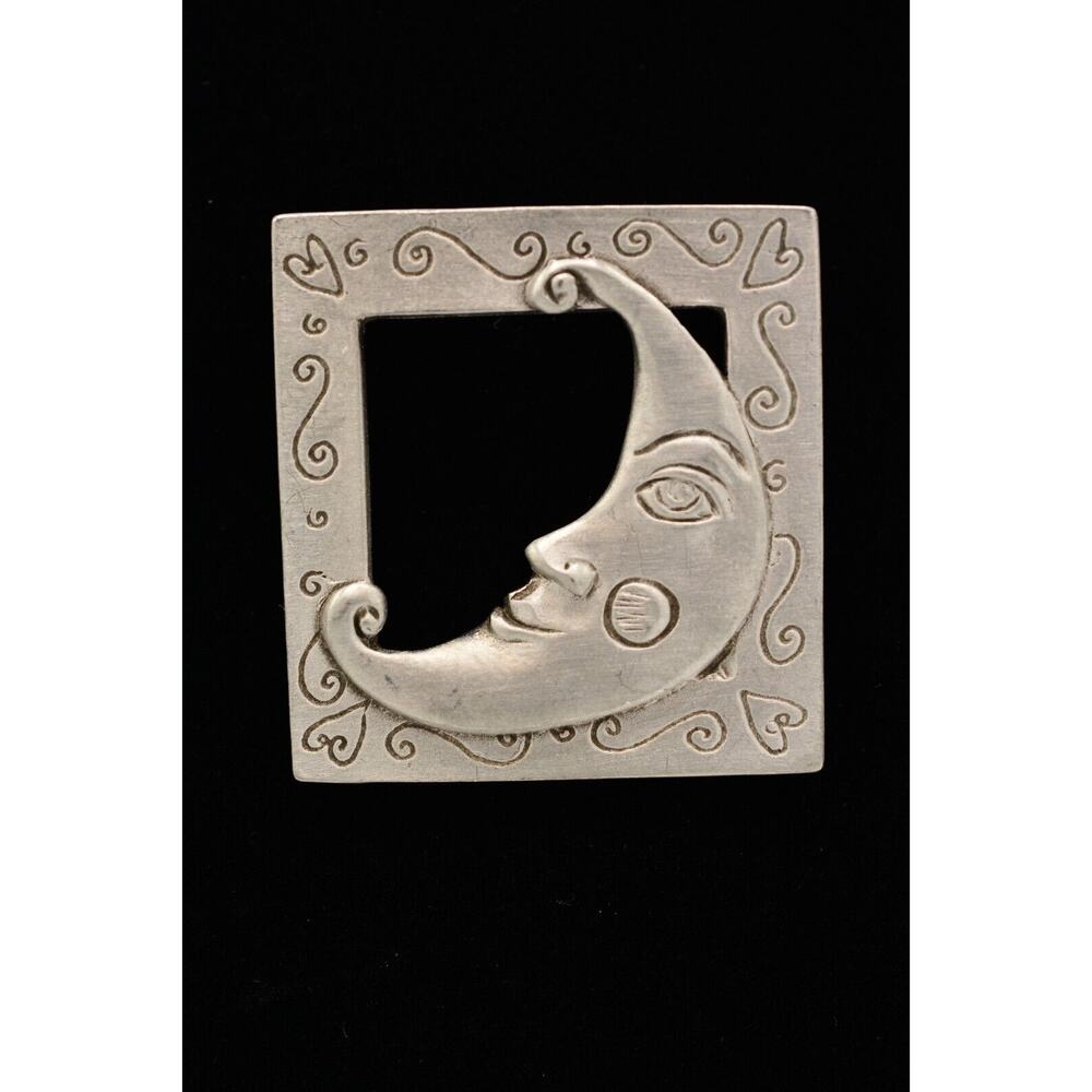 Etain Zinn Vintage Pin Brooch Pewter Moon Heart Square Canada 1996 Signed BinAQ
